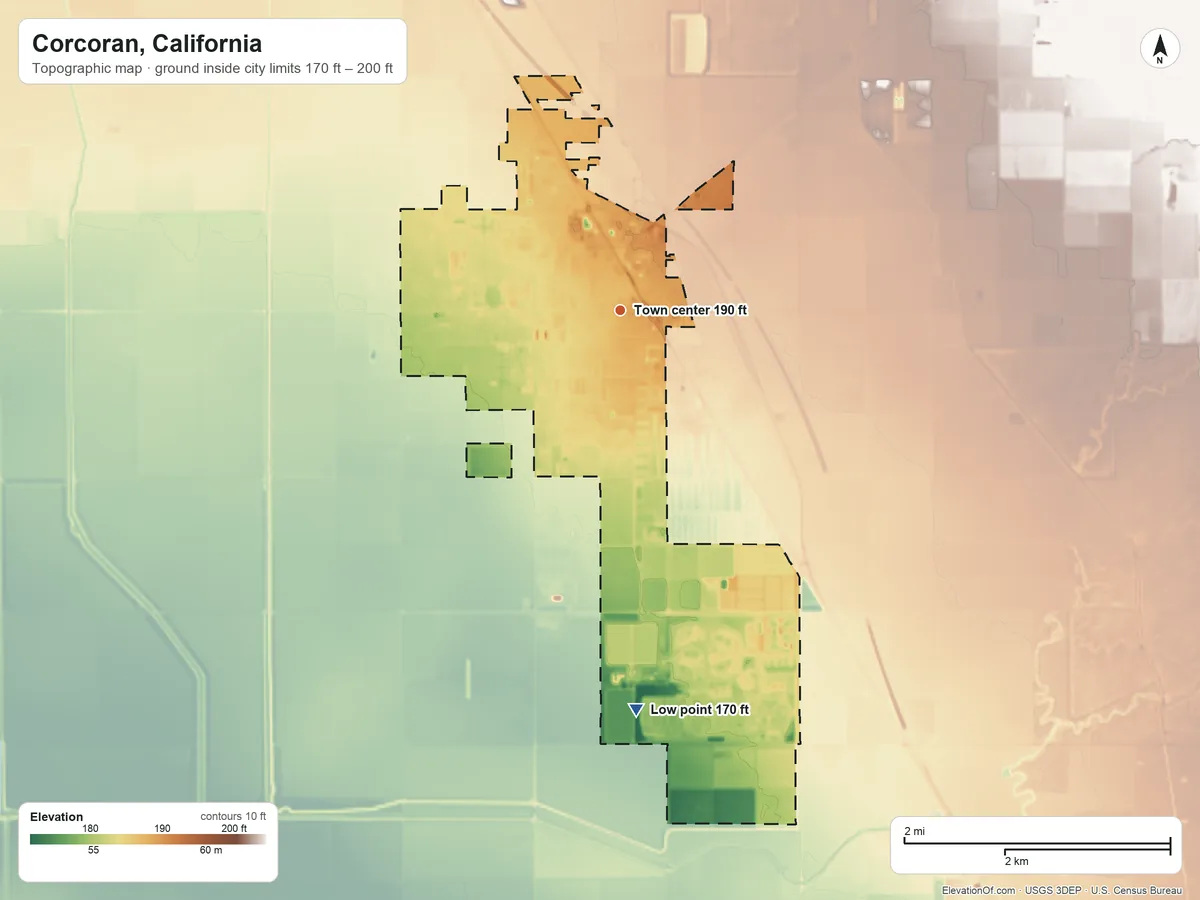 Topographic elevation map of Corcoran, California, shaded from 170 ft on the south side to 200 ft on the north side