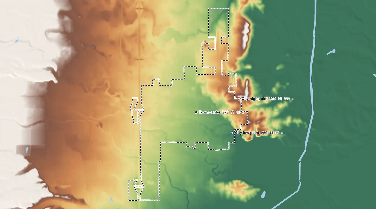 Topographic elevation map of Corning, California, shaded from 260 ft on the southeast side to 320 ft on the east side