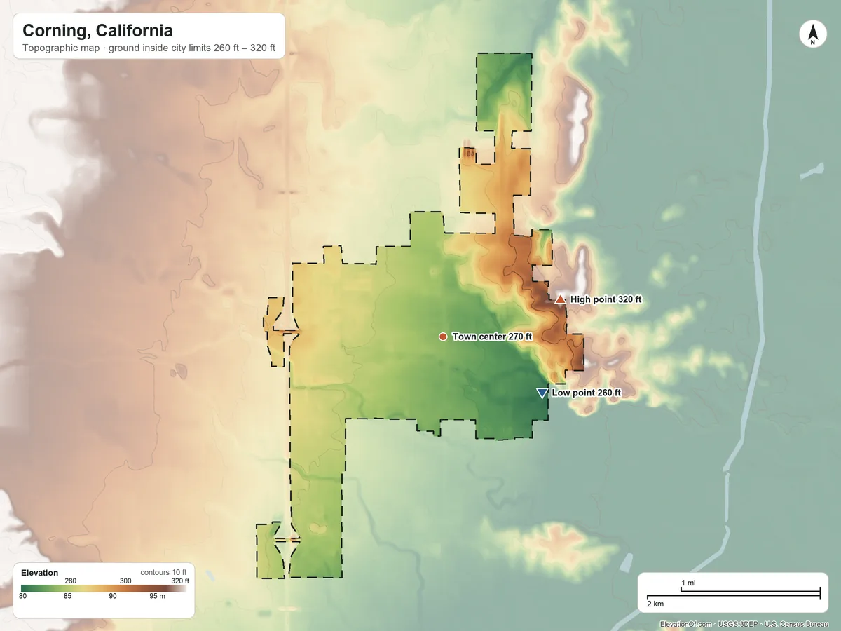 Topographic elevation map of Corning, California, shaded from 260 ft on the southeast side to 320 ft on the east side