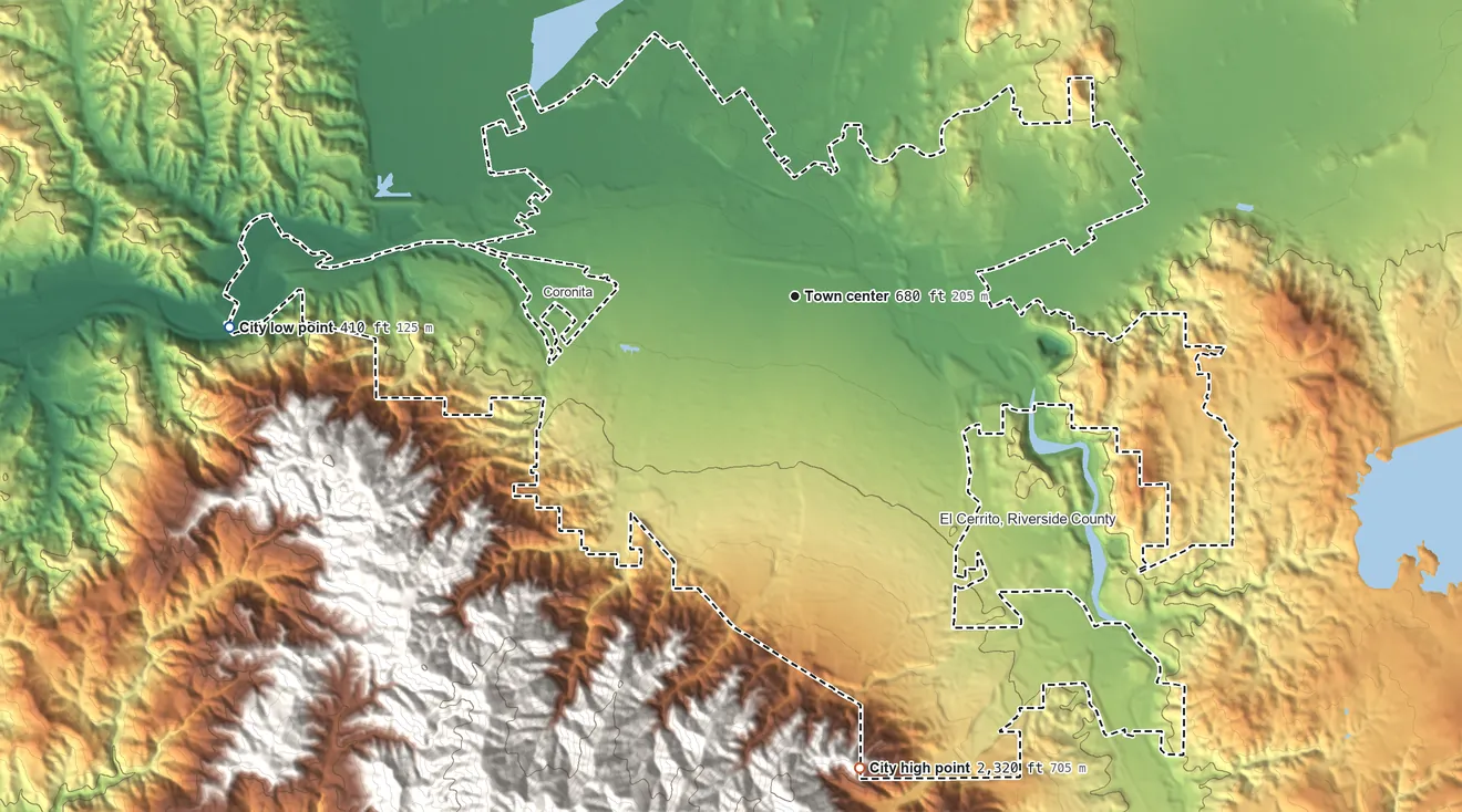 Topographic elevation map of Corona, California, shaded from 410 ft on the west side to 2,320 ft at the foot of the Santa Ana Mountains
