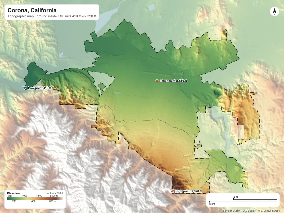 Topographic elevation map of Corona, California, shaded from 410 ft on the west side to 2,320 ft at the foot of the Santa Ana Mountains