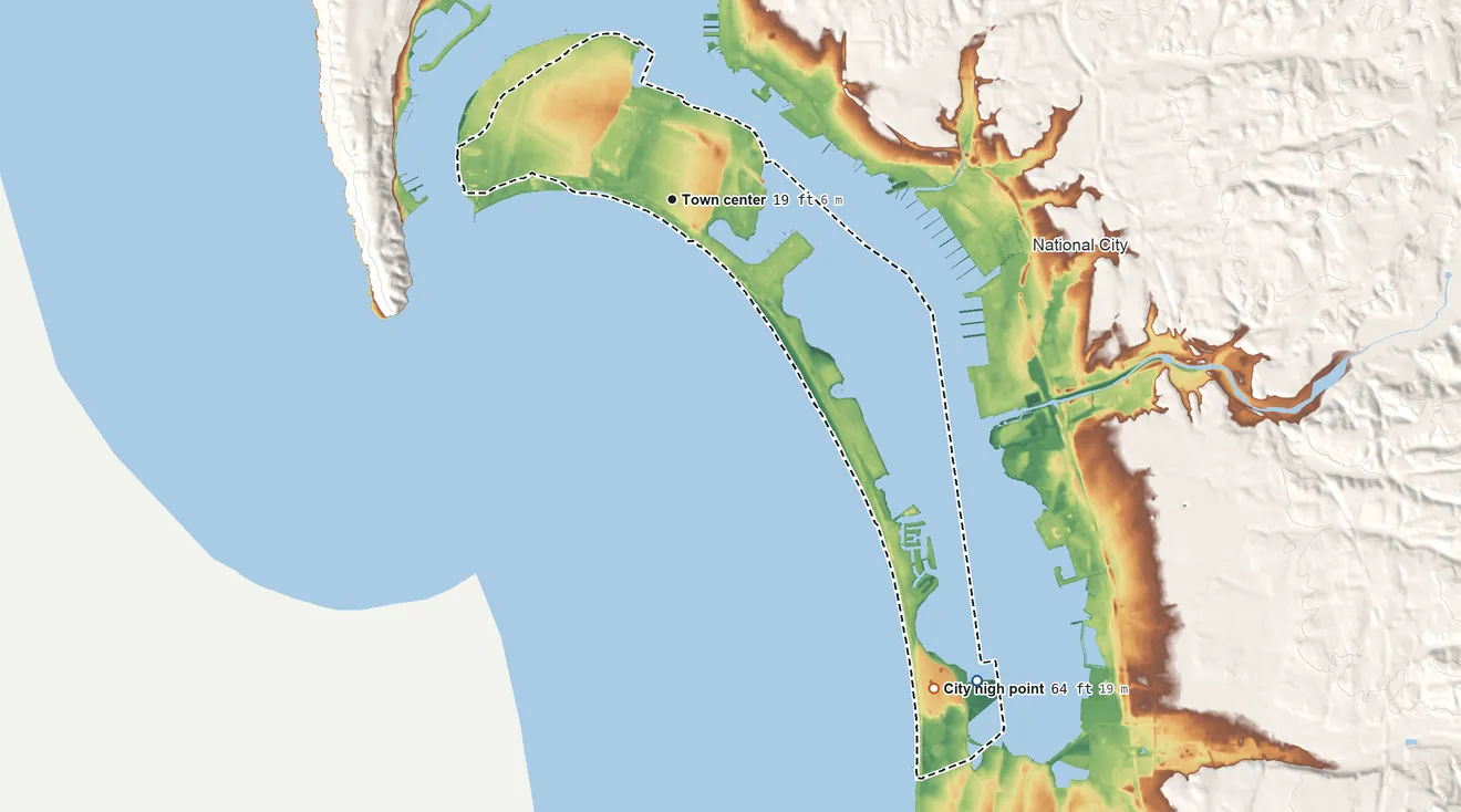 Topographic elevation map of Coronado, California, shaded from sea level level on San Diego Bay to 64 ft on the southeast side