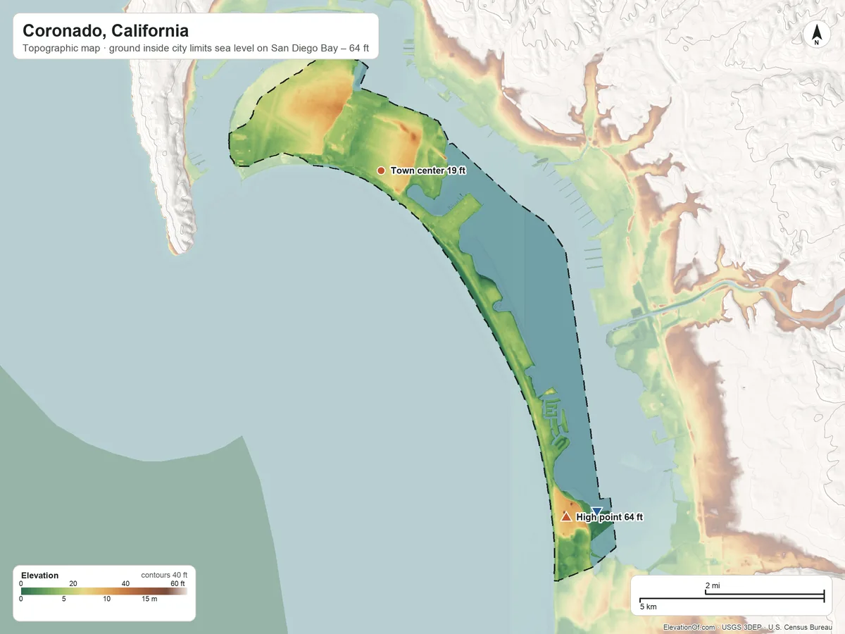 Topographic elevation map of Coronado, California, shaded from sea level level on San Diego Bay to 64 ft on the southeast side