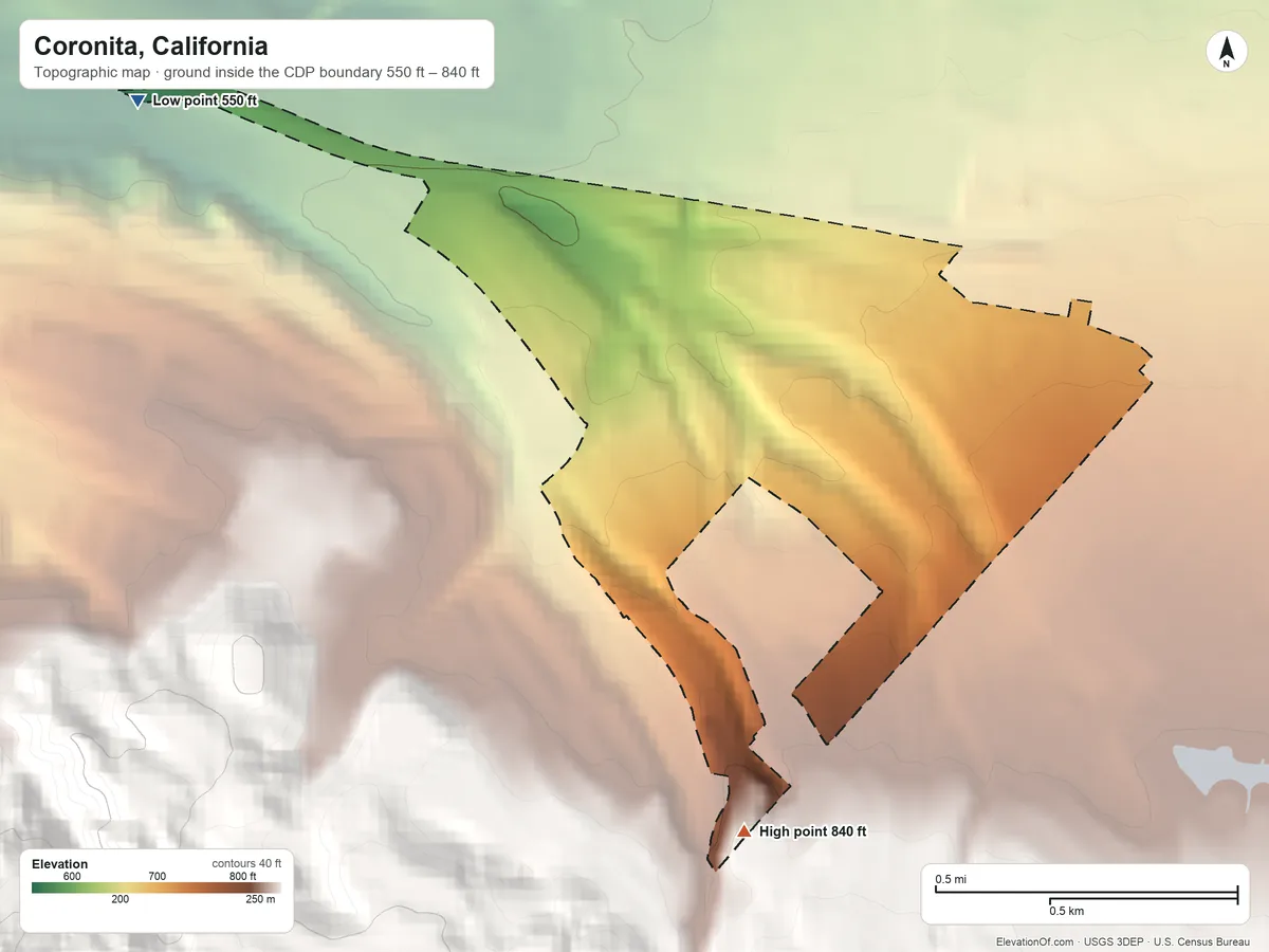 Topographic elevation map of Coronita, California, shaded from 550 ft on the northwest side to 840 ft at the foot of the Chino Hills
