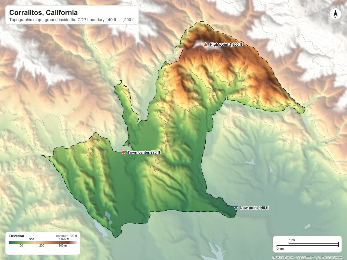 Topographic elevation map of Corralitos, California, shaded from 140 ft on the southeast side to 1,200 ft at the foot of the Sierra Azul