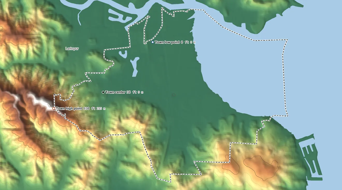 Topographic elevation map of Corte Madera, California, shaded from sea level level on the Corte Madera to 930 ft at the foot of the San Miguel Hills