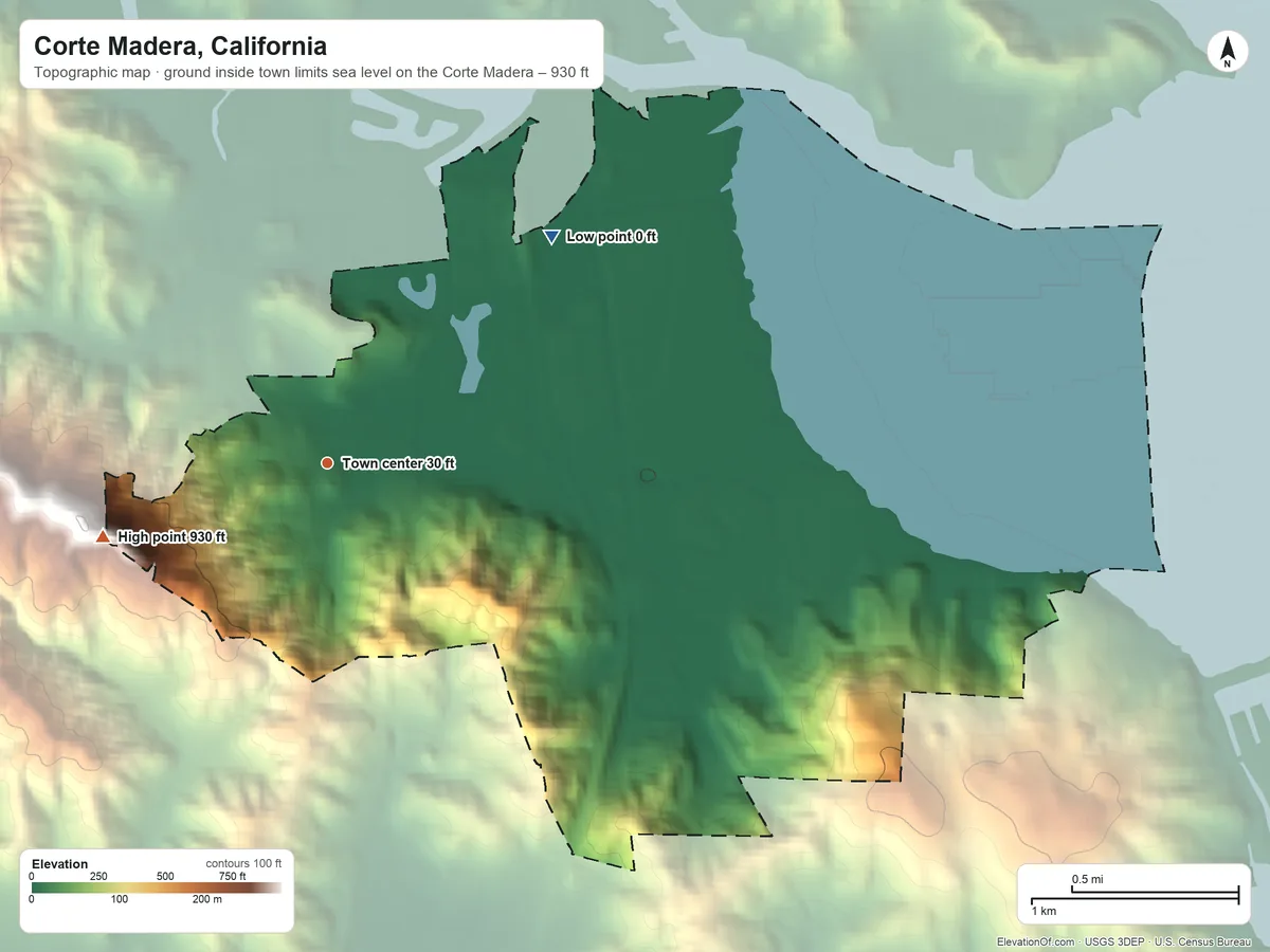 Topographic elevation map of Corte Madera, California, shaded from sea level level on the Corte Madera to 930 ft at the foot of the San Miguel Hills