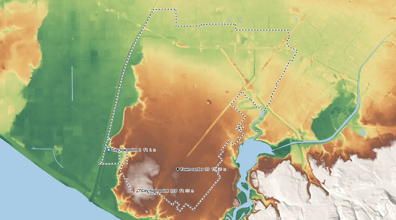 Topographic elevation map of Costa Mesa, California, shaded from 2 ft on the west side to 110 ft on the southwest side