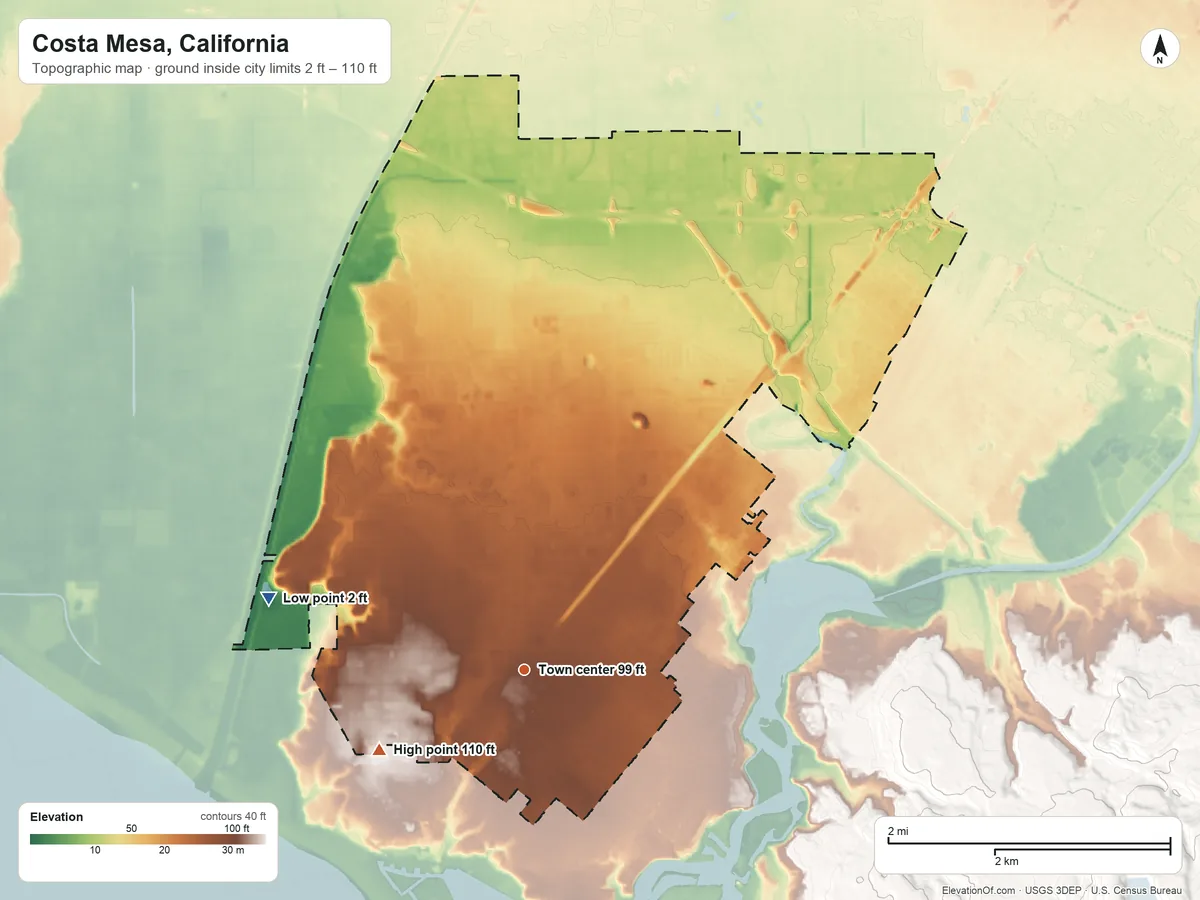Topographic elevation map of Costa Mesa, California, shaded from 2 ft on the west side to 110 ft on the southwest side