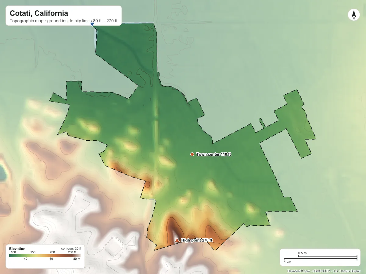 Topographic elevation map of Cotati, California, shaded from 89 ft on the northwest side to 270 ft on the south side