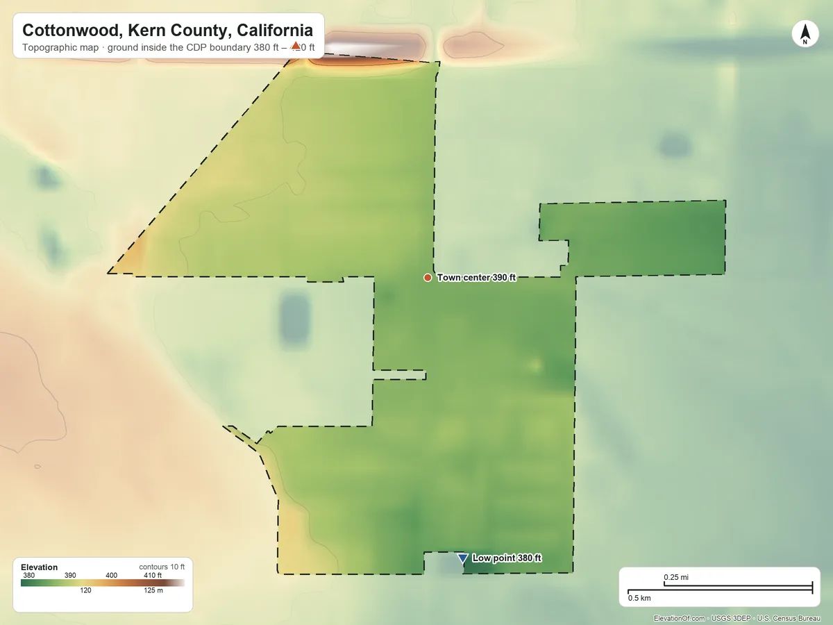 Topographic elevation map of Cottonwood, Kern County, California, shaded from 380 ft on the south side to 420 ft on the northwest side