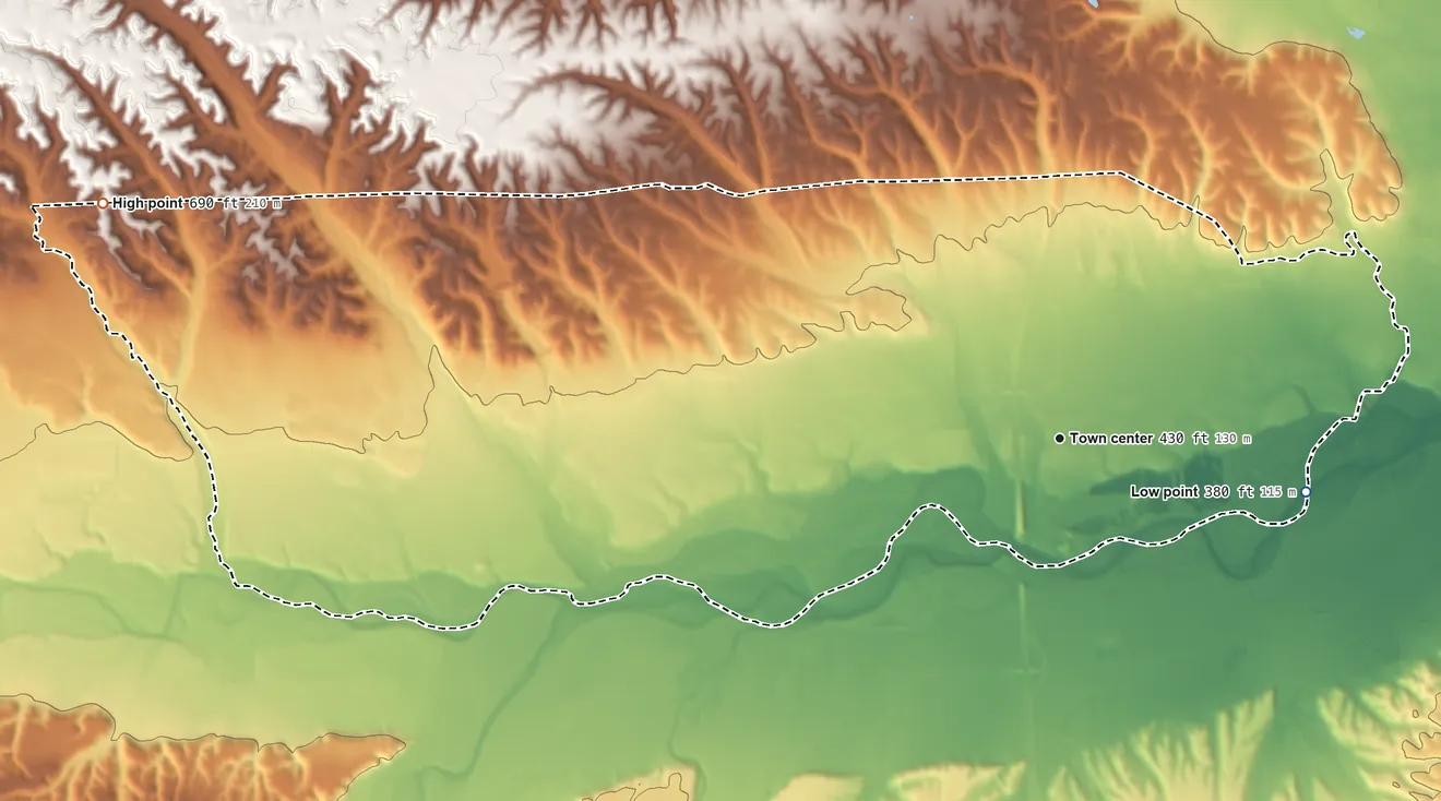 Topographic elevation map of Cottonwood, California, shaded from 380 ft on the east side to 690 ft on the west side