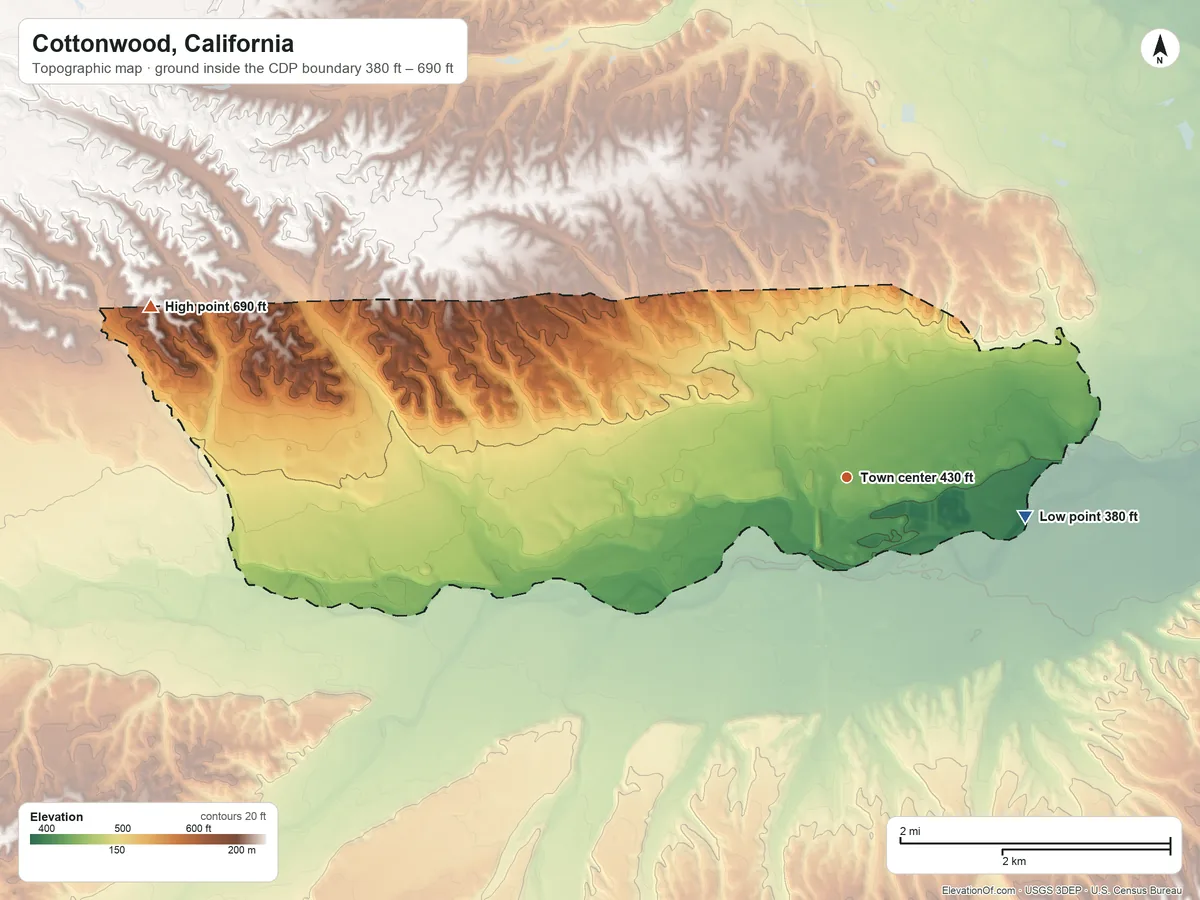 Topographic elevation map of Cottonwood, California, shaded from 380 ft on the east side to 690 ft on the west side