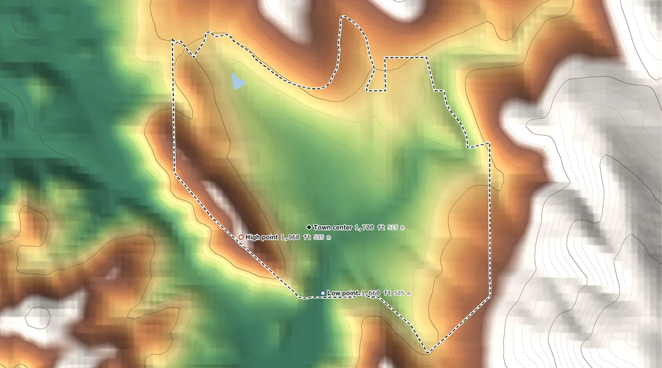 Topographic elevation map of Coulterville, California, shaded from 1,660 ft on the south side to 1,960 ft at the foot of the Oat Hills