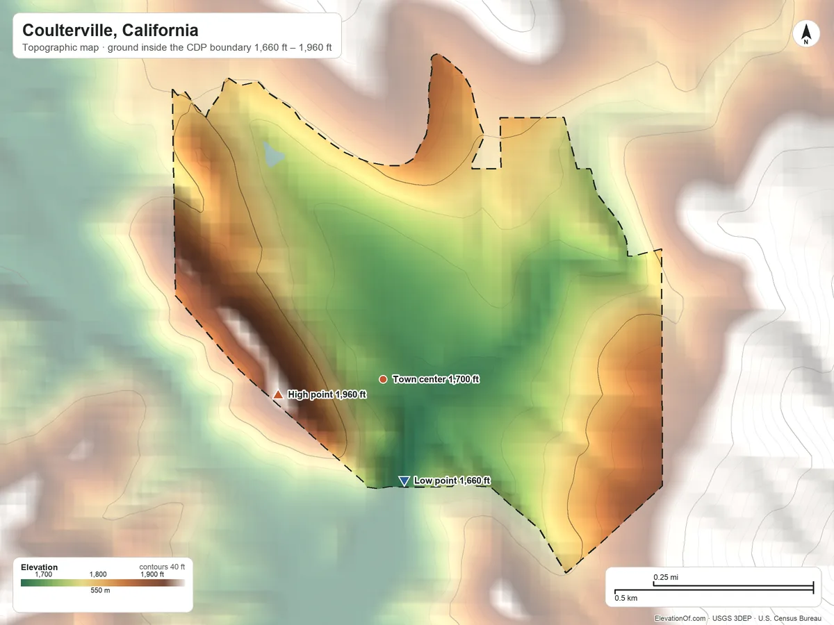 Topographic elevation map of Coulterville, California, shaded from 1,660 ft on the south side to 1,960 ft at the foot of the Oat Hills