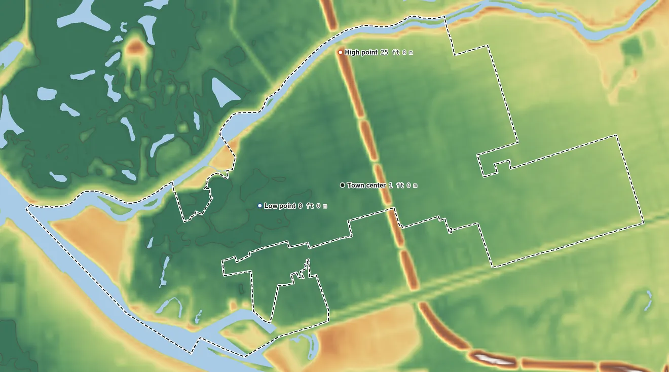 Topographic elevation map of Country Club, California, shaded from 0 ft on the west side to 25 ft on the north side