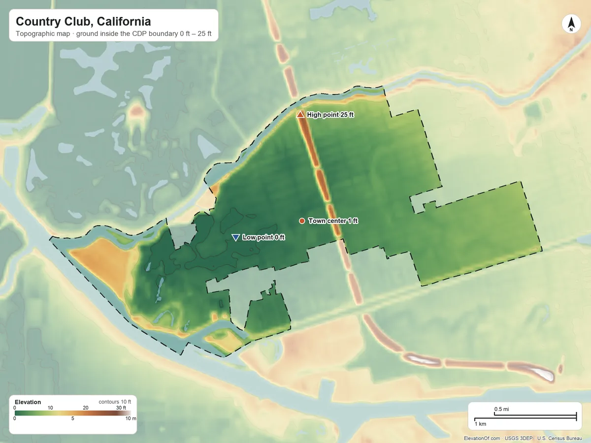 Topographic elevation map of Country Club, California, shaded from 0 ft on the west side to 25 ft on the north side