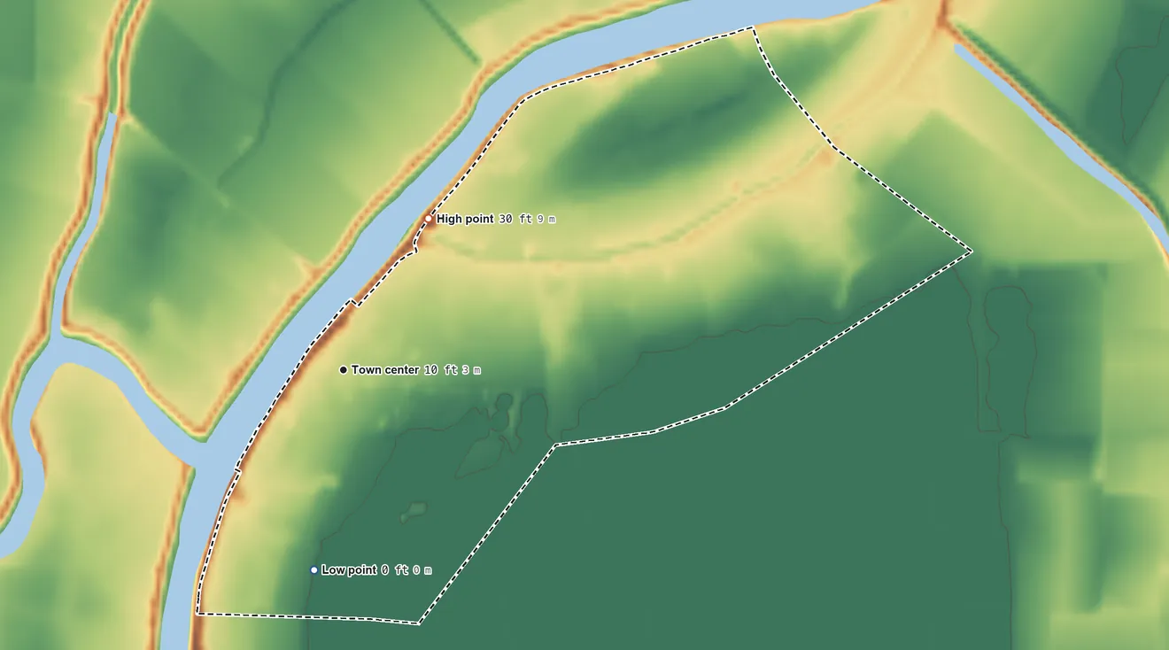 Topographic elevation map of Courtland, California, shaded from 0 ft on the south side to 30 ft on the northeast side