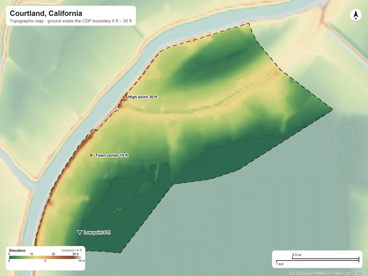 Topographic elevation map of Courtland, California, shaded from 0 ft on the south side to 30 ft on the northeast side