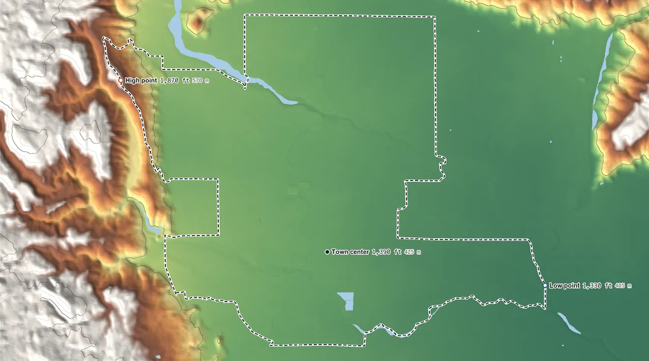 Topographic elevation map of Covelo, California, shaded from 1,330 ft on the east side to 1,870 ft on the northwest edge, below higher ground just outside