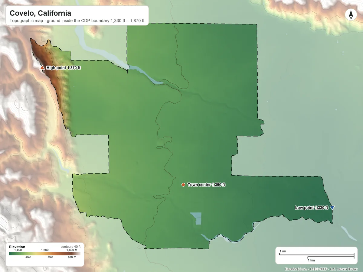 Topographic elevation map of Covelo, California, shaded from 1,330 ft on the east side to 1,870 ft on the northwest edge, below higher ground just outside