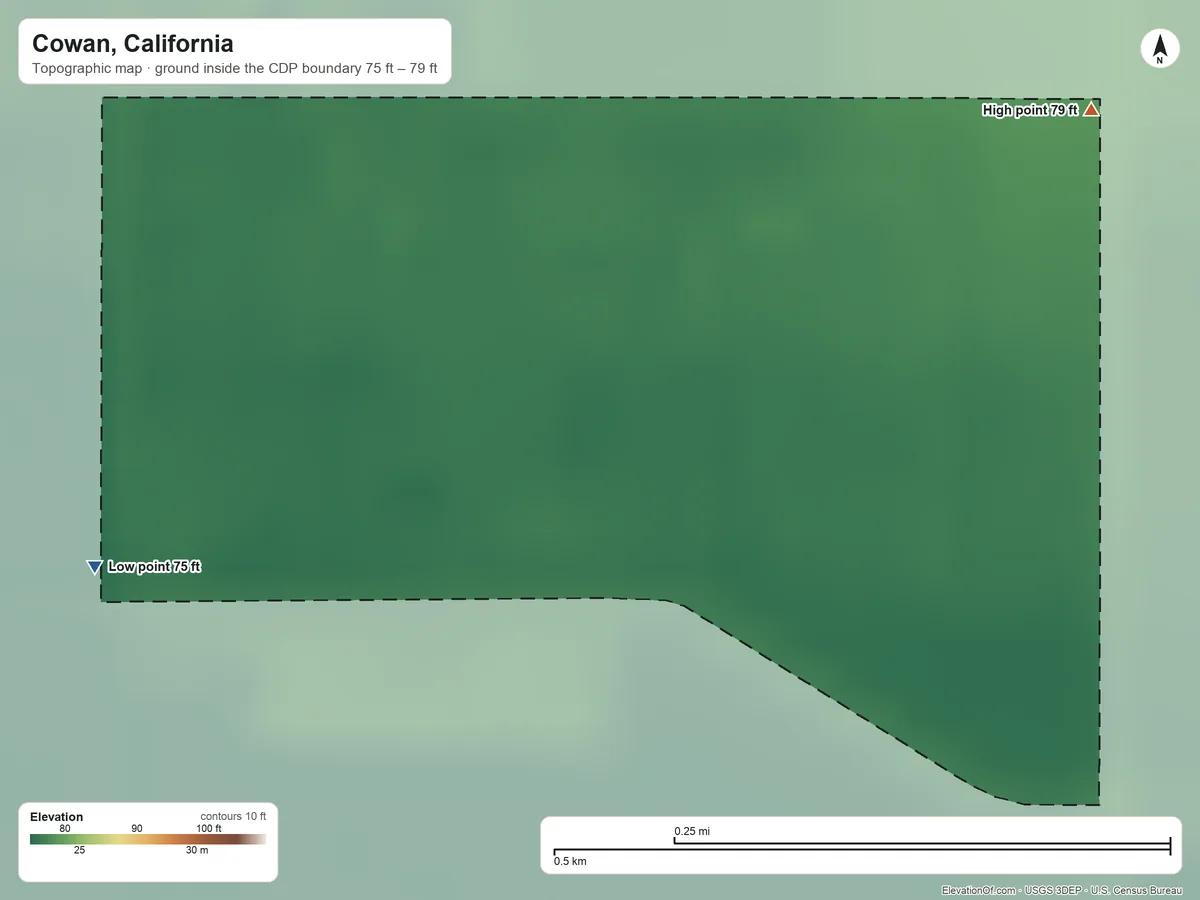 Topographic elevation map of Cowan, California, shaded from 75 ft on the west side to 79 ft on the northeast side