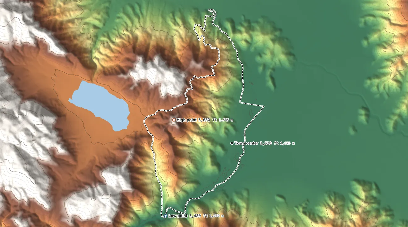 Topographic elevation map of Crescent Mills, California, shaded from 3,480 ft on the southwest side to 5,080 ft on the west edge, below higher ground just outside