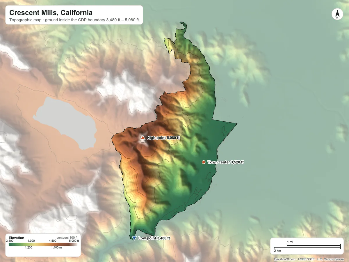 Topographic elevation map of Crescent Mills, California, shaded from 3,480 ft on the southwest side to 5,080 ft on the west edge, below higher ground just outside