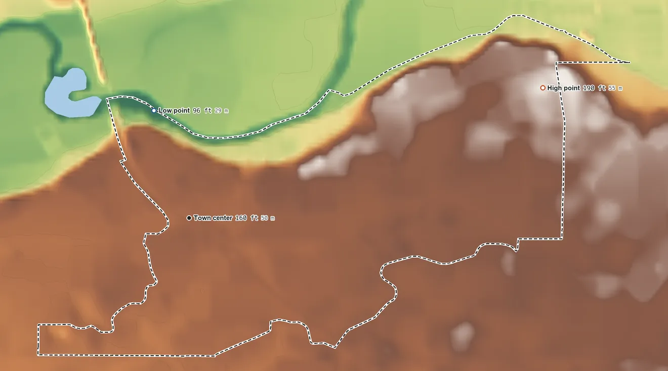 Topographic elevation map of Cressey, California, shaded from 96 ft on the north side to 190 ft on the east side