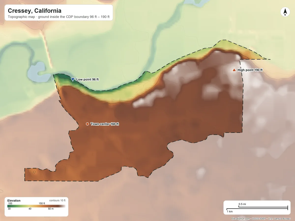 Topographic elevation map of Cressey, California, shaded from 96 ft on the north side to 190 ft on the east side