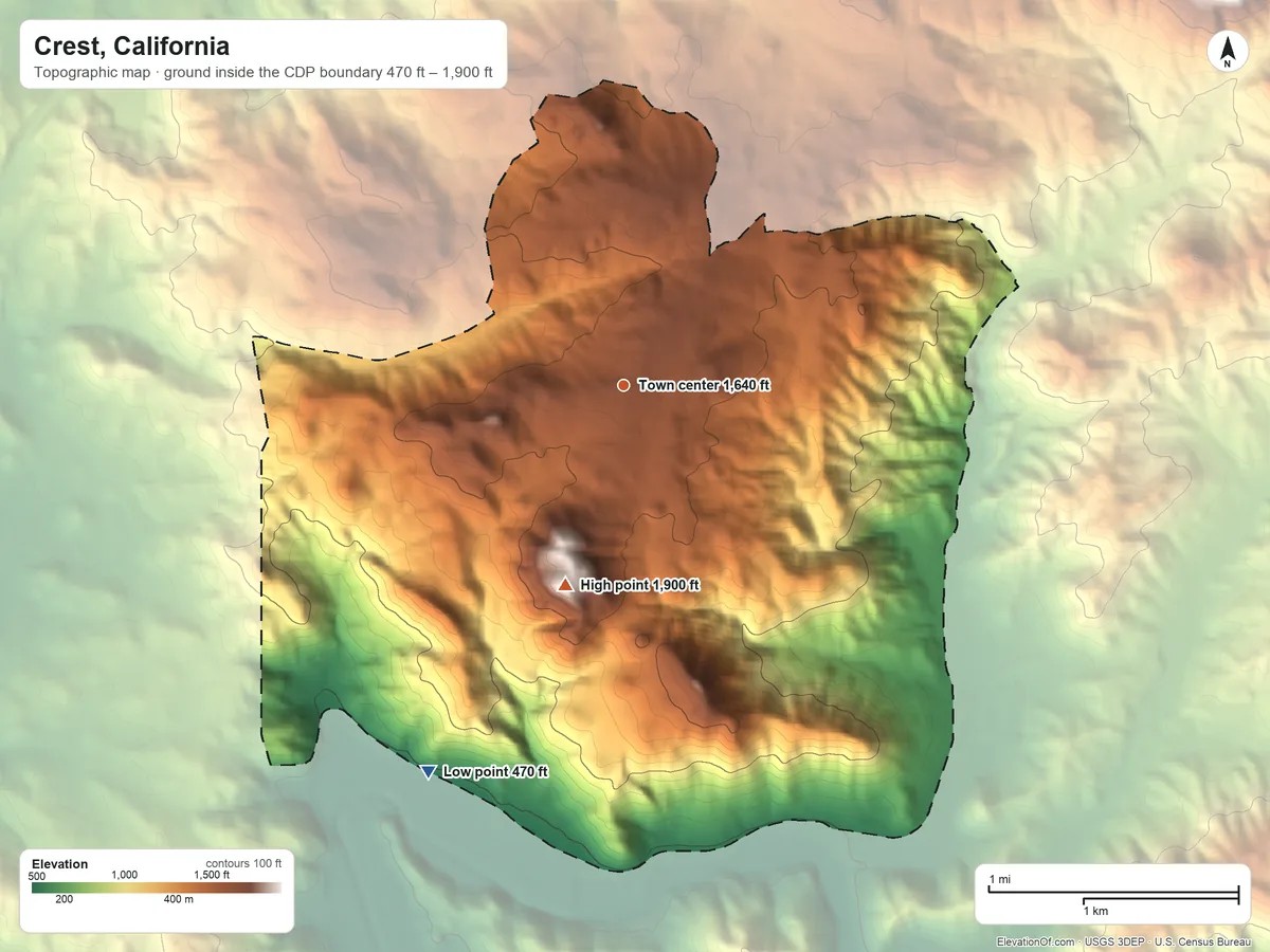 Topographic elevation map of Crest, California, shaded from 470 ft on the southwest side to 1,900 ft on the south side