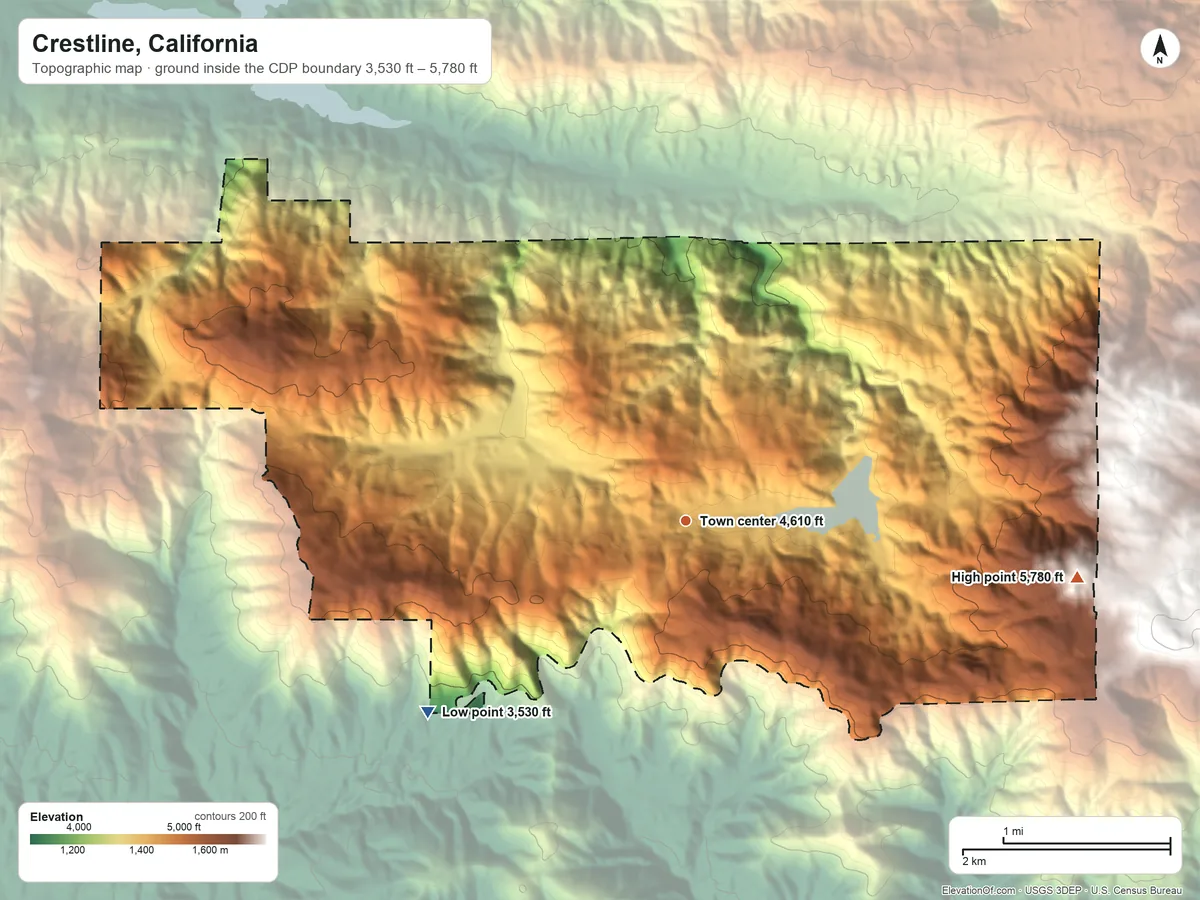 Topographic elevation map of Crestline, California, shaded from 3,530 ft on the southwest side to 5,780 ft at the foot of the Shandin Hills