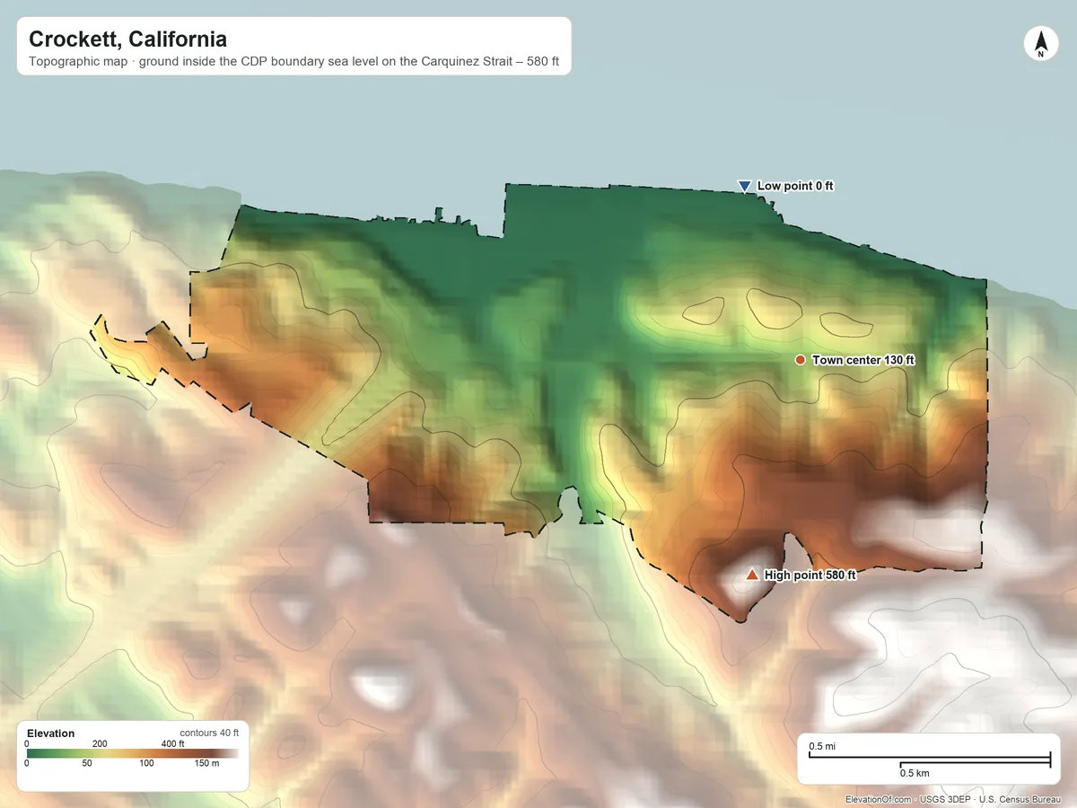 Topographic elevation map of Crockett, California, shaded from sea level level on the Carquinez Strait to 580 ft on the south side