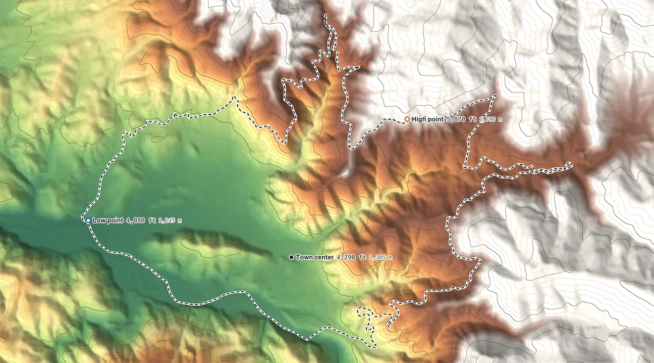 Topographic elevation map of Cromberg, California, shaded from 4,080 ft on the west side to 5,870 ft at the foot of the Coyote Hills