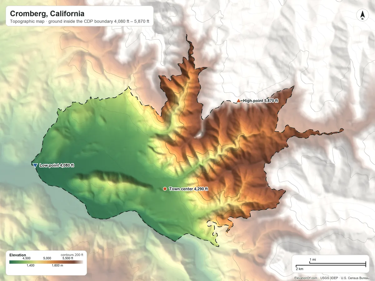 Topographic elevation map of Cromberg, California, shaded from 4,080 ft on the west side to 5,870 ft at the foot of the Coyote Hills