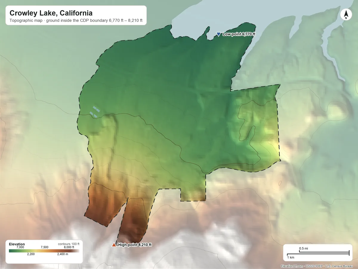 Topographic elevation map of Crowley Lake, California, shaded from 6,770 ft on the north side to 8,210 ft on the southwest edge, below higher ground just outside