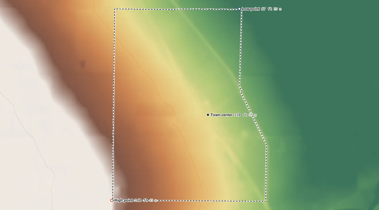 Topographic elevation map of Crows Landing, California, shaded from 97 ft on the north side to 140 ft on the southwest side