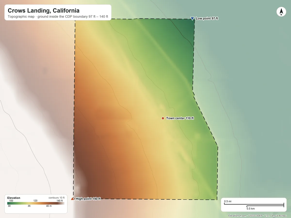 Topographic elevation map of Crows Landing, California, shaded from 97 ft on the north side to 140 ft on the southwest side