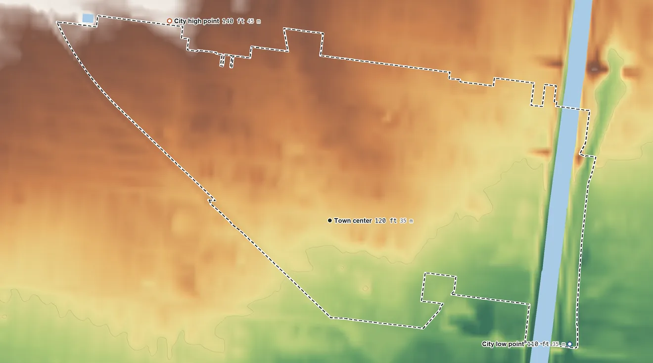 Topographic elevation map of Cudahy, California, shaded from 110 ft on the southeast side to 140 ft on the northwest side