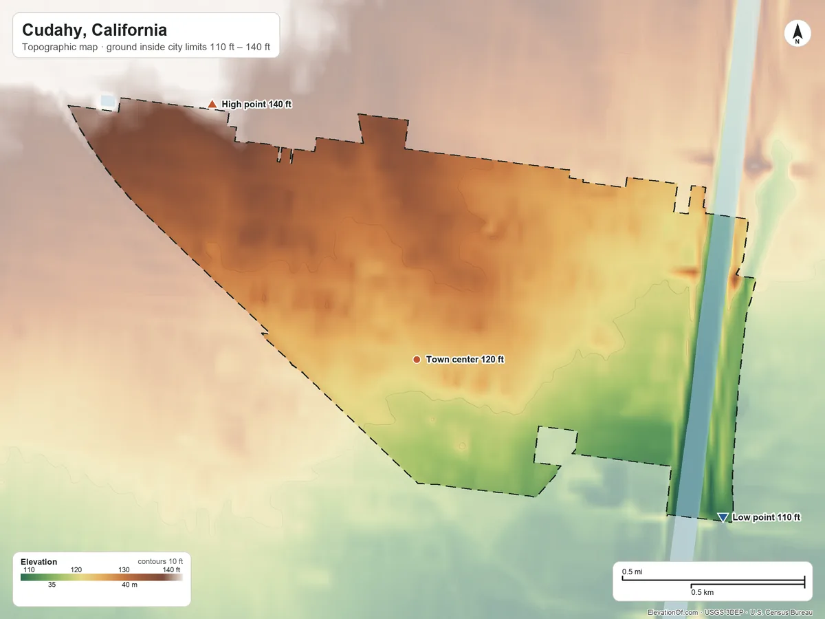 Topographic elevation map of Cudahy, California, shaded from 110 ft on the southeast side to 140 ft on the northwest side