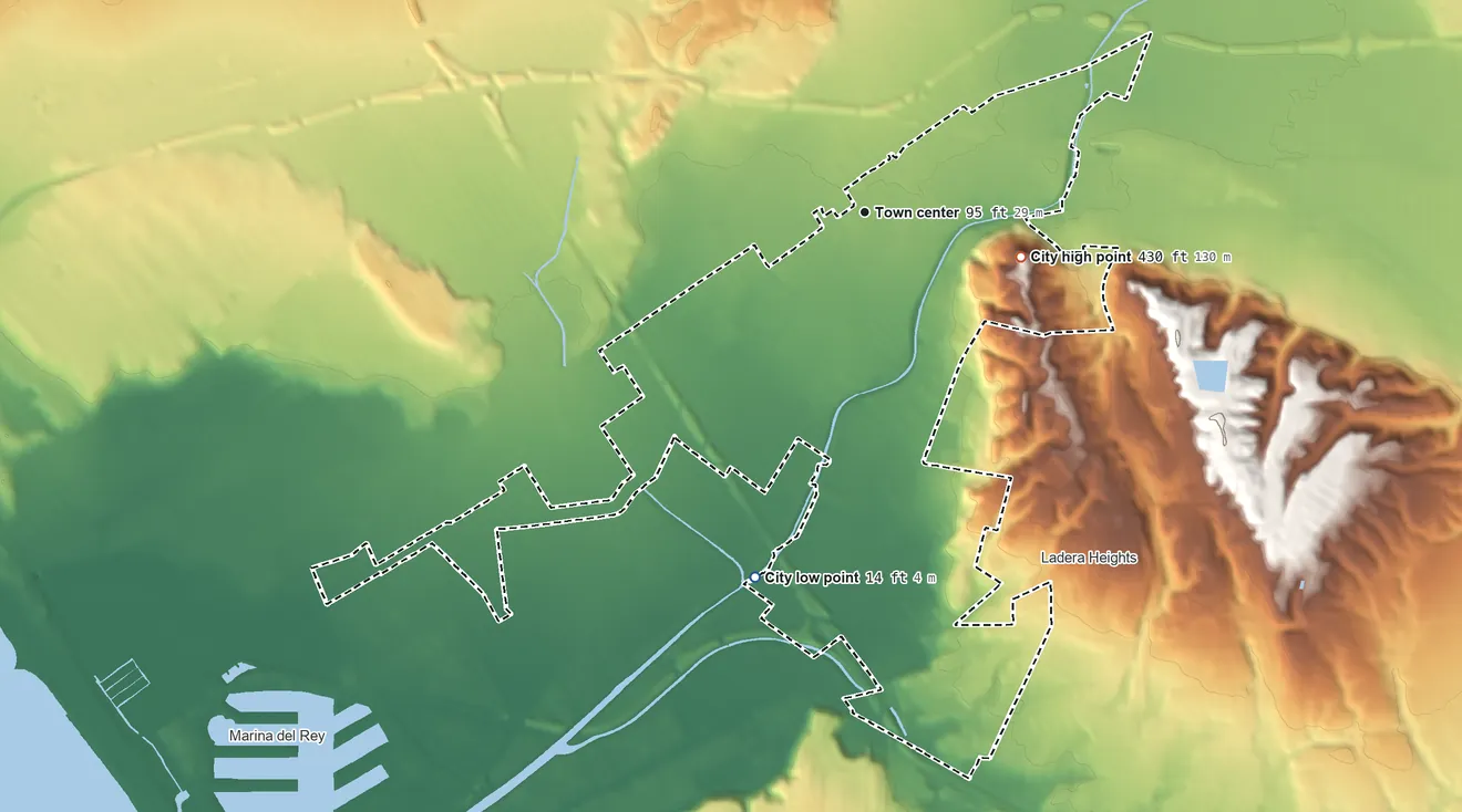 Topographic elevation map of Culver City, California, shaded from 14 ft on the south side to 430 ft on the east side