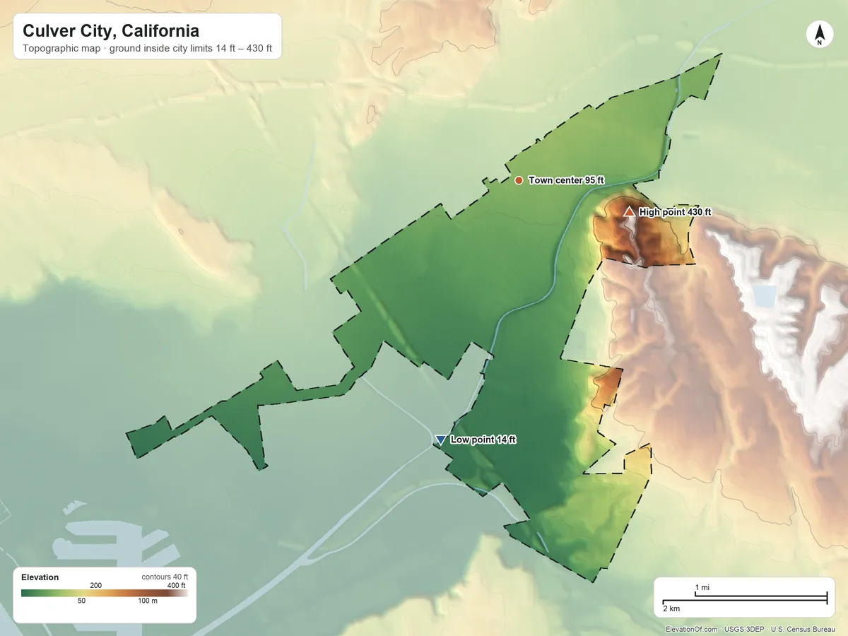 Topographic elevation map of Culver City, California, shaded from 14 ft on the south side to 430 ft on the east side