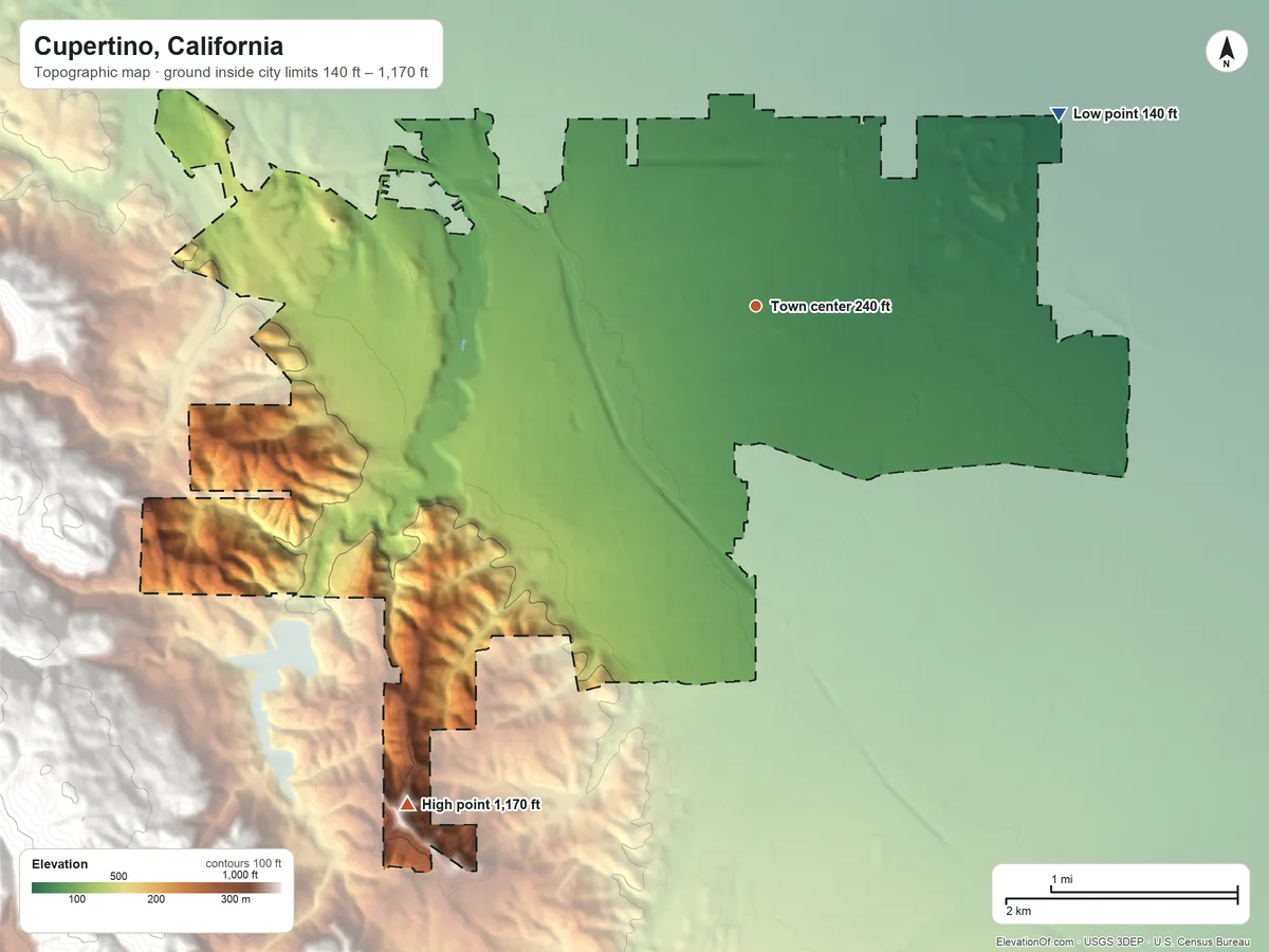 Topographic elevation map of Cupertino, California, shaded from 140 ft on the northeast side to 1,170 ft at the foot of the Santa Cruz Mountains
