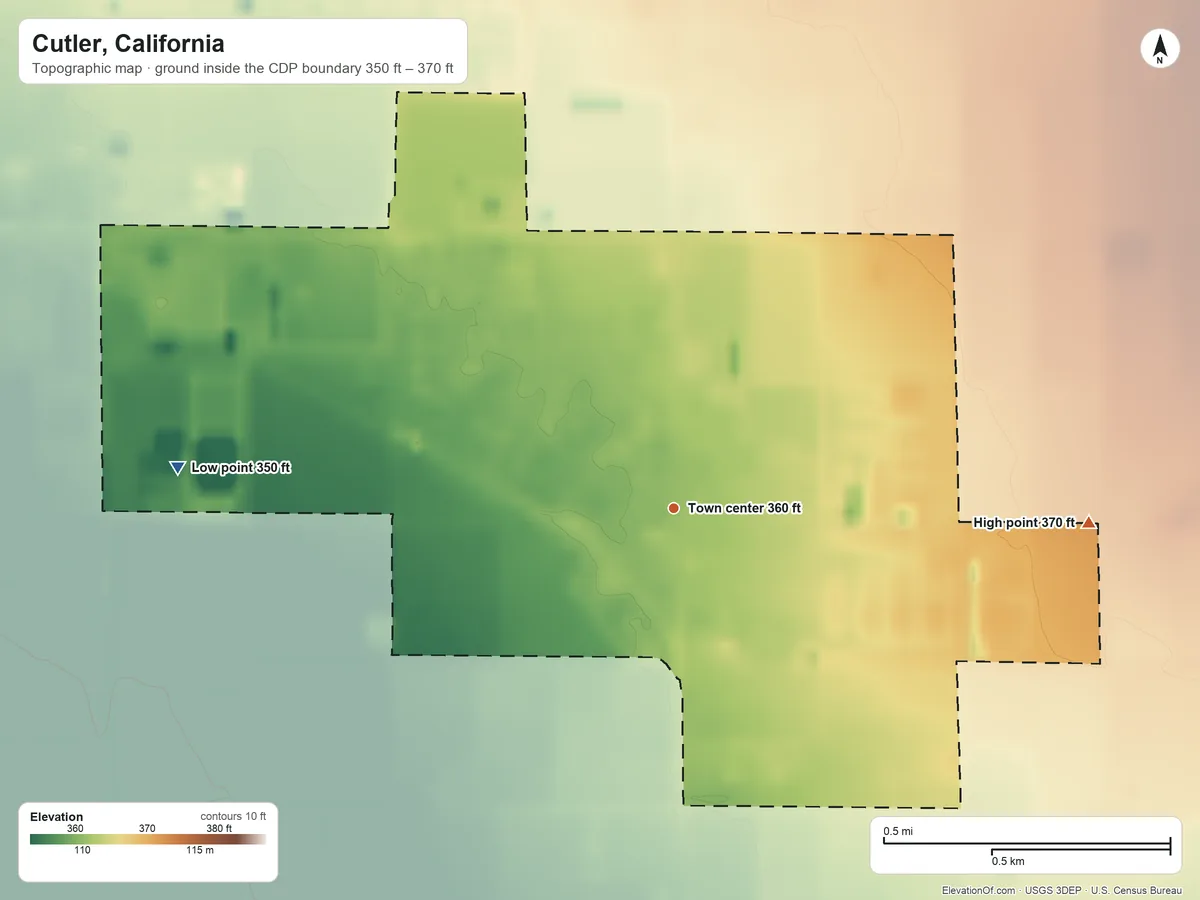 Topographic elevation map of Cutler, California, shaded from 350 ft on the west side to 370 ft on the east side