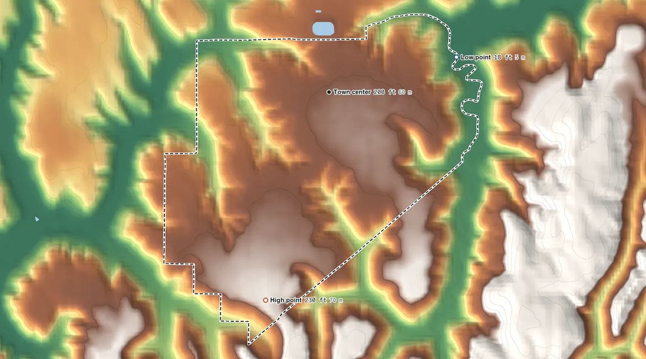 Topographic elevation map of Cutten, California, shaded from 18 ft on the east side to 230 ft on the south side