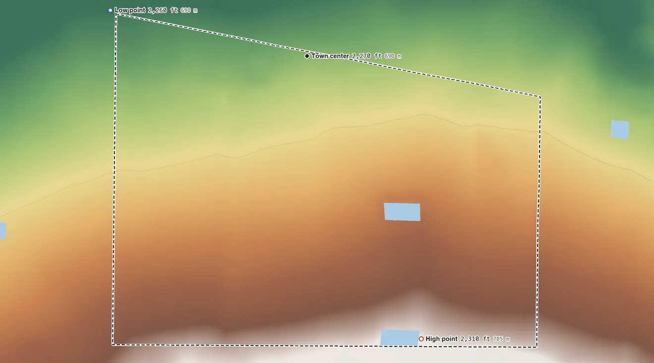 Topographic elevation map of Cuyama, California, shaded from 2,260 ft on the west side to 2,310 ft on the south side