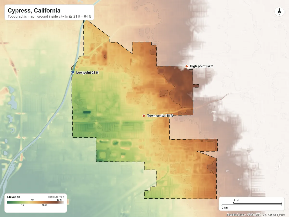 Topographic elevation map of Cypress, California, shaded from 21 ft on the northwest side to 64 ft on the northeast side