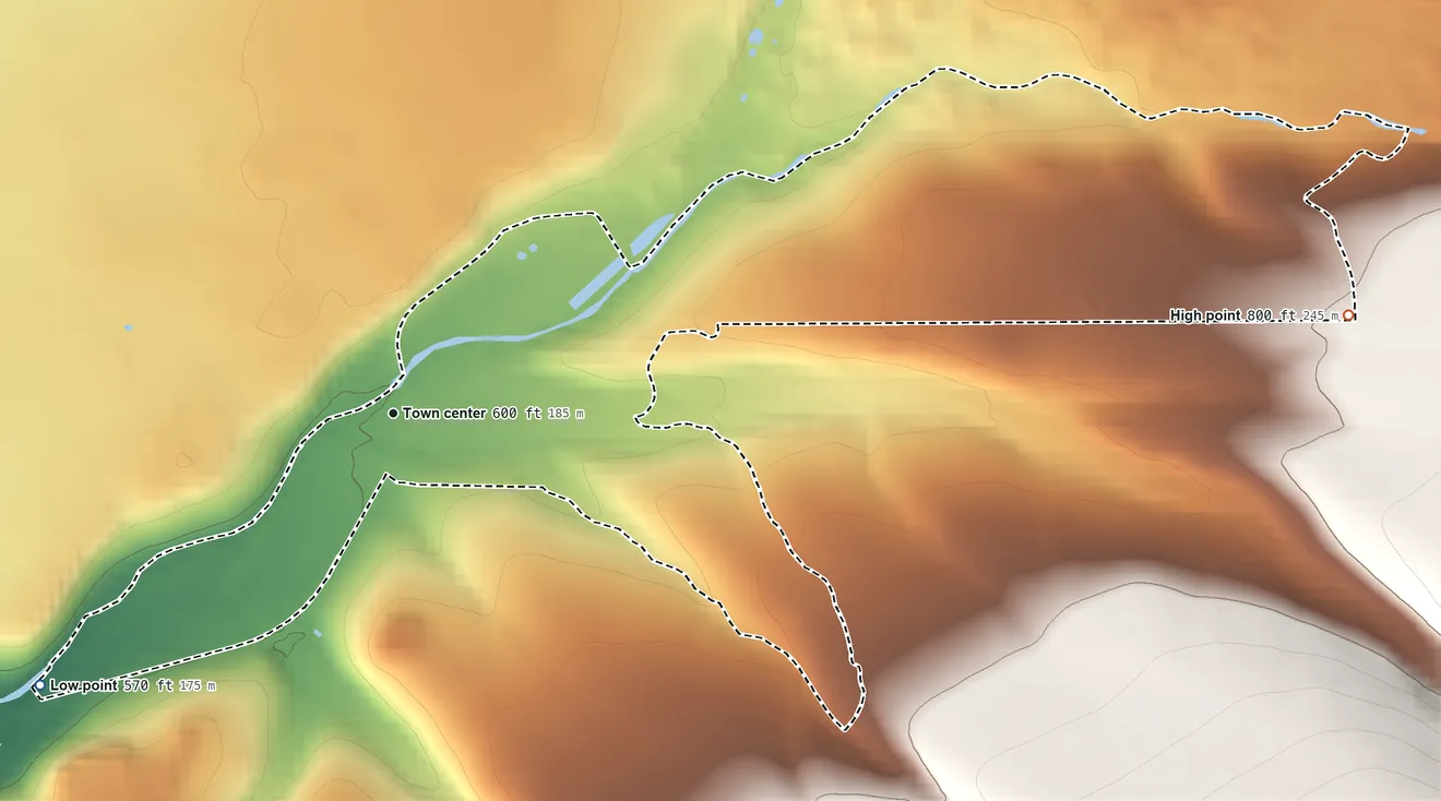 Topographic elevation map of Dales, California, shaded from 570 ft on the southwest side to 800 ft on the east edge, below higher ground just outside
