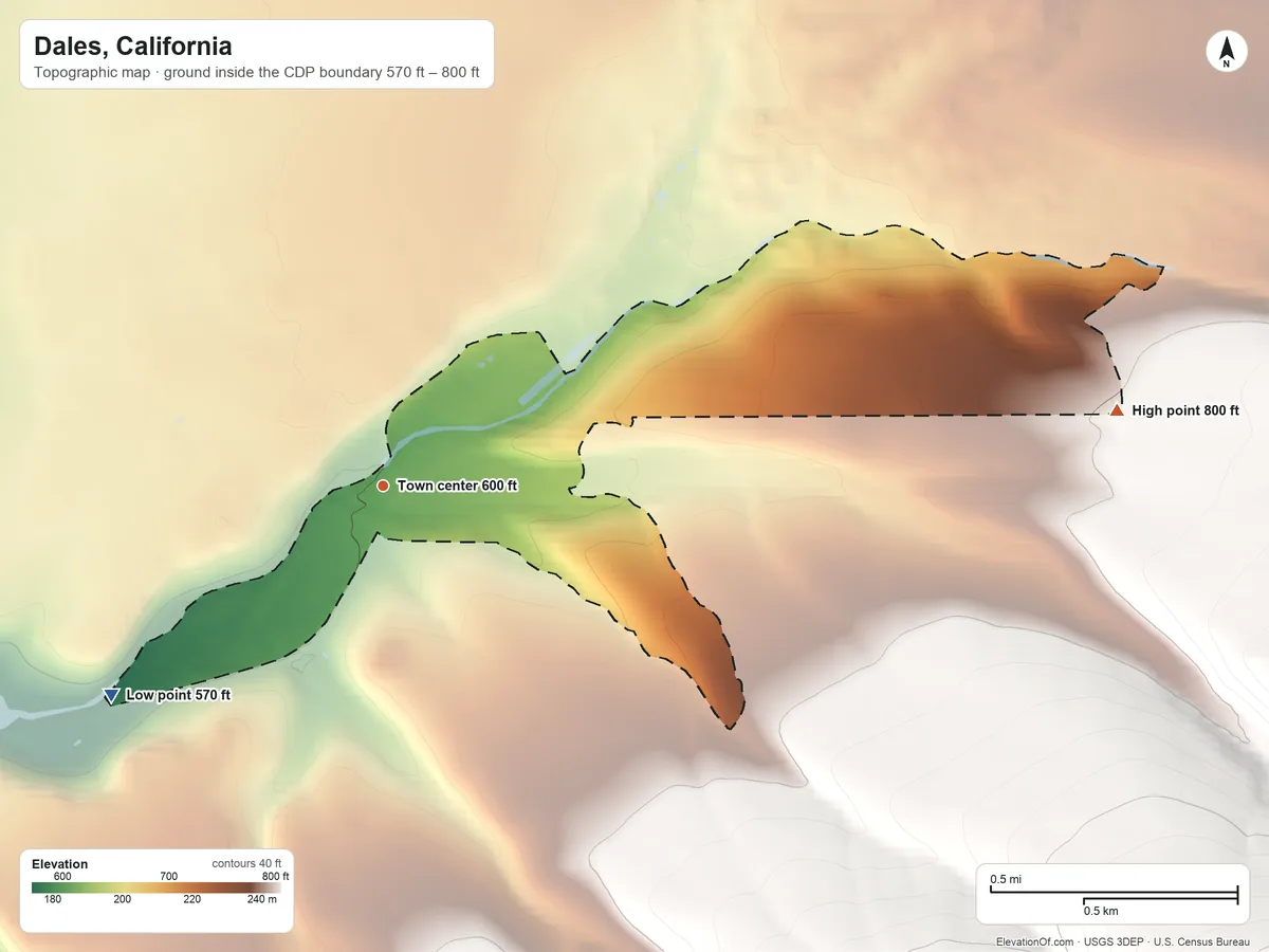 Topographic elevation map of Dales, California, shaded from 570 ft on the southwest side to 800 ft on the east edge, below higher ground just outside