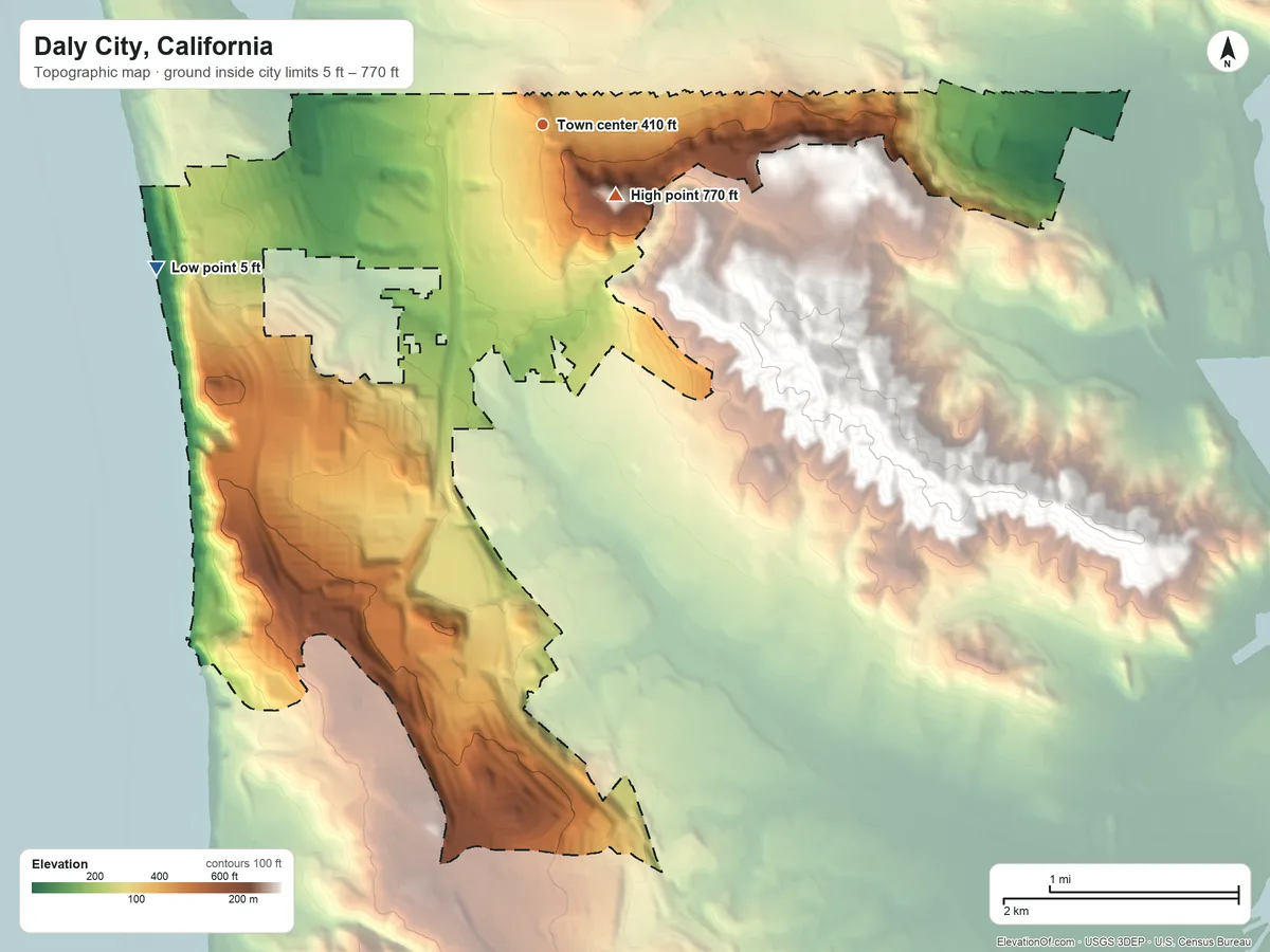 Topographic elevation map of Daly City, California, shaded from 5 ft on the west side to 770 ft at the foot of the San Miguel Hills